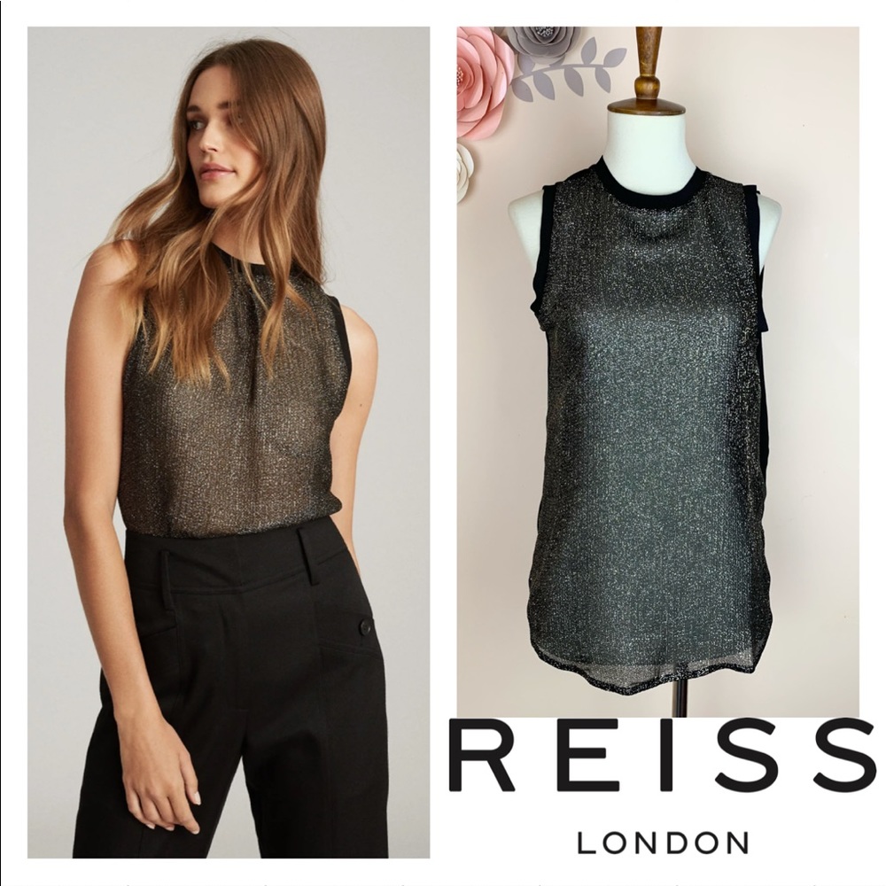 New! REISS Vita Silver Metallic High Neck Top - Picture 2 of 14